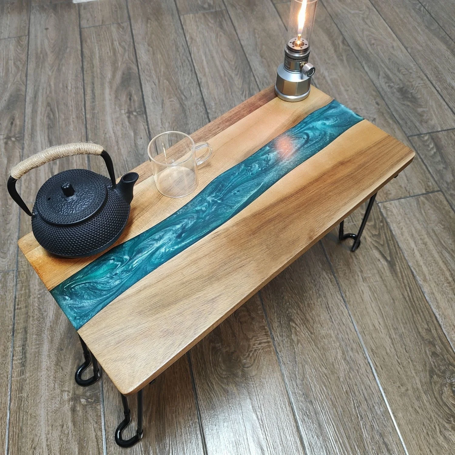 Solid Wood Outdoor Camping Table with Folding Table Legs Epoxy Resin River Camping Table