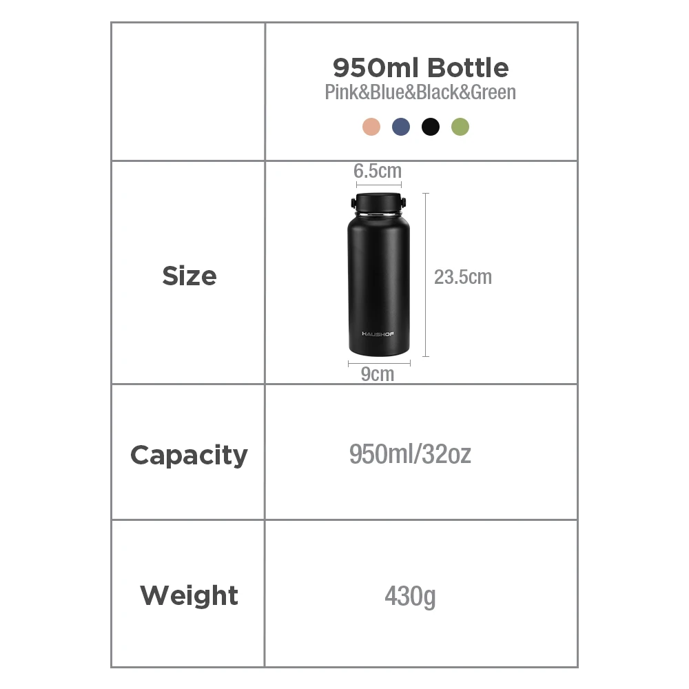HAUSHOF 950ml/32oz 스테인레스 스틸 물병 이중 벽 절연 진공 야외 여행 스포츠 머그잔 뚜껑 자동차 물병