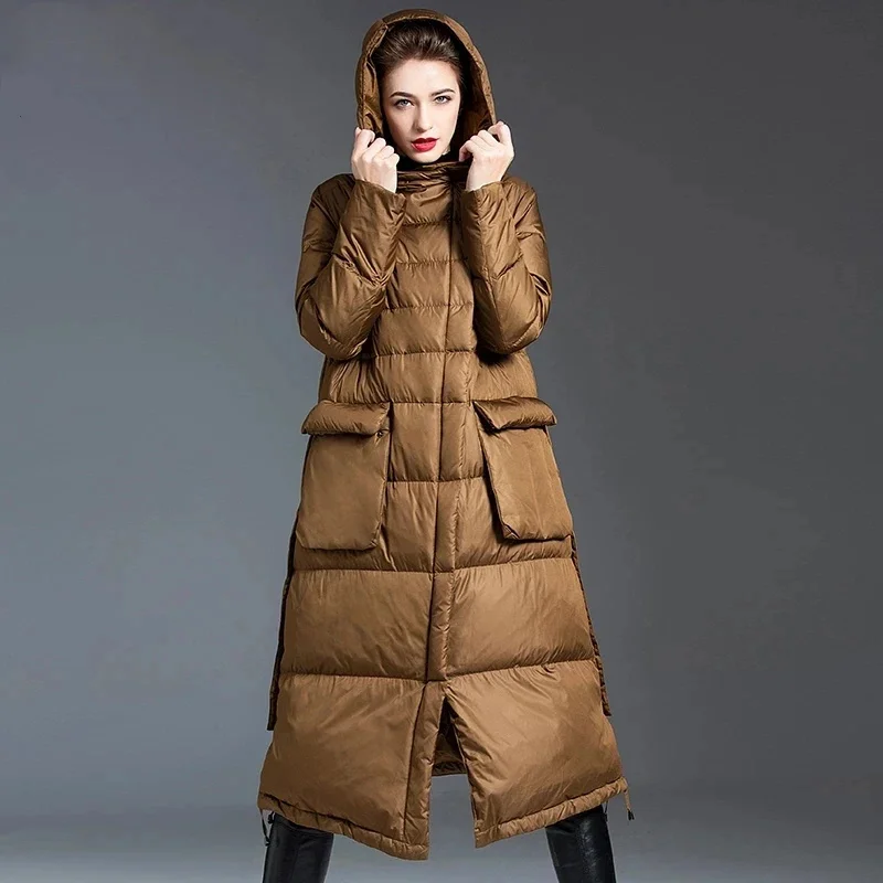 

Hooded Women's Down Coats Jackets 2024 winter new style loose long over the knee 90% duck down jackets coat overcoats