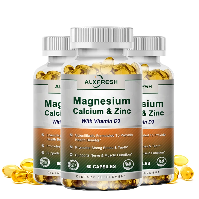 Alxfresh Calcium Magnesium Zinc & Vitamin D3 Capsules for Immune System, Bone, Nervous System Health Support | Non-GMO, Vegan