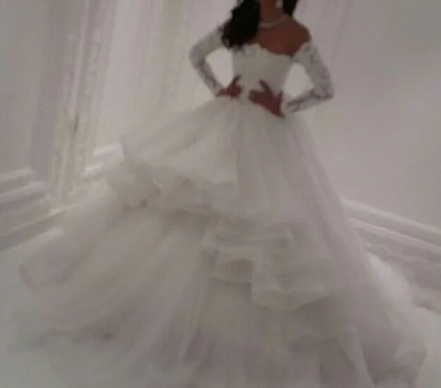 

2016 Long Sleeve Ball Gown Wedding Dresses Lace High And Low Bridal Gown vestido de noiva