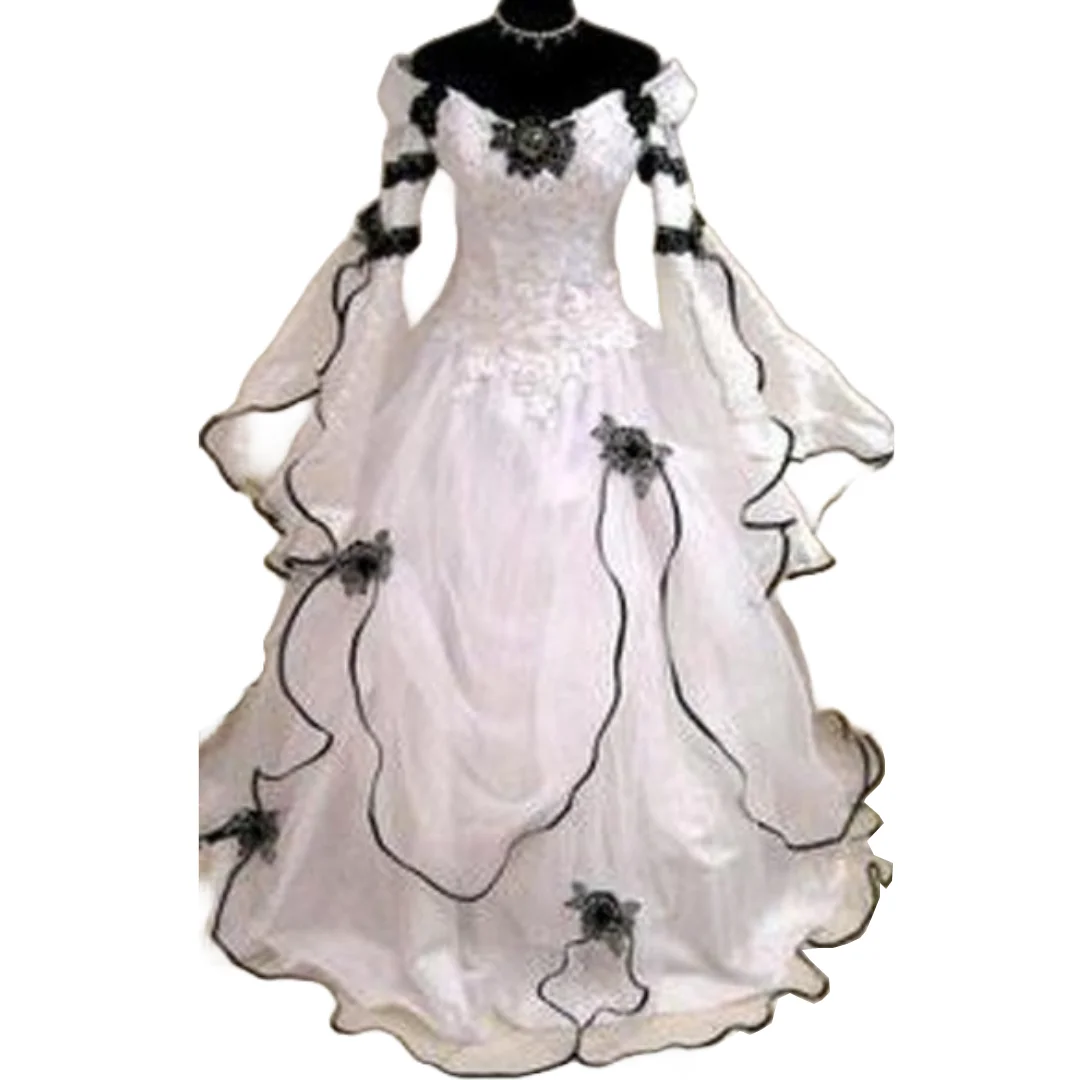 

Victorian-Inspired Plus Size Gothic A-Line Wedding Dress with Long Sleeves and Black Lace Corset Back Chapel Train Bridal Gown