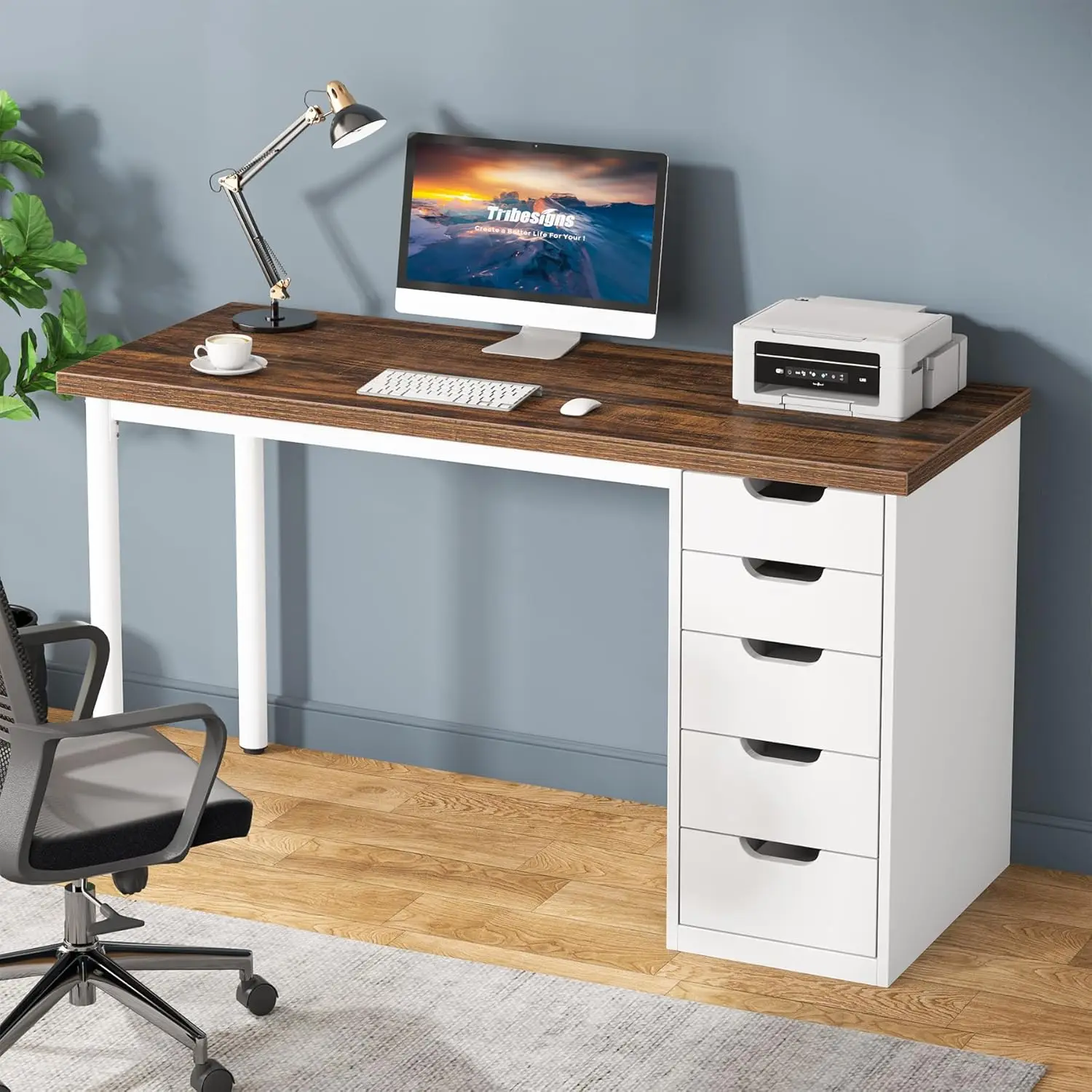 Computer Desk with 5 Drawers, 47 inches Rustic Brown Home Office Desk with Storage, Modern Simple Laptop Study W