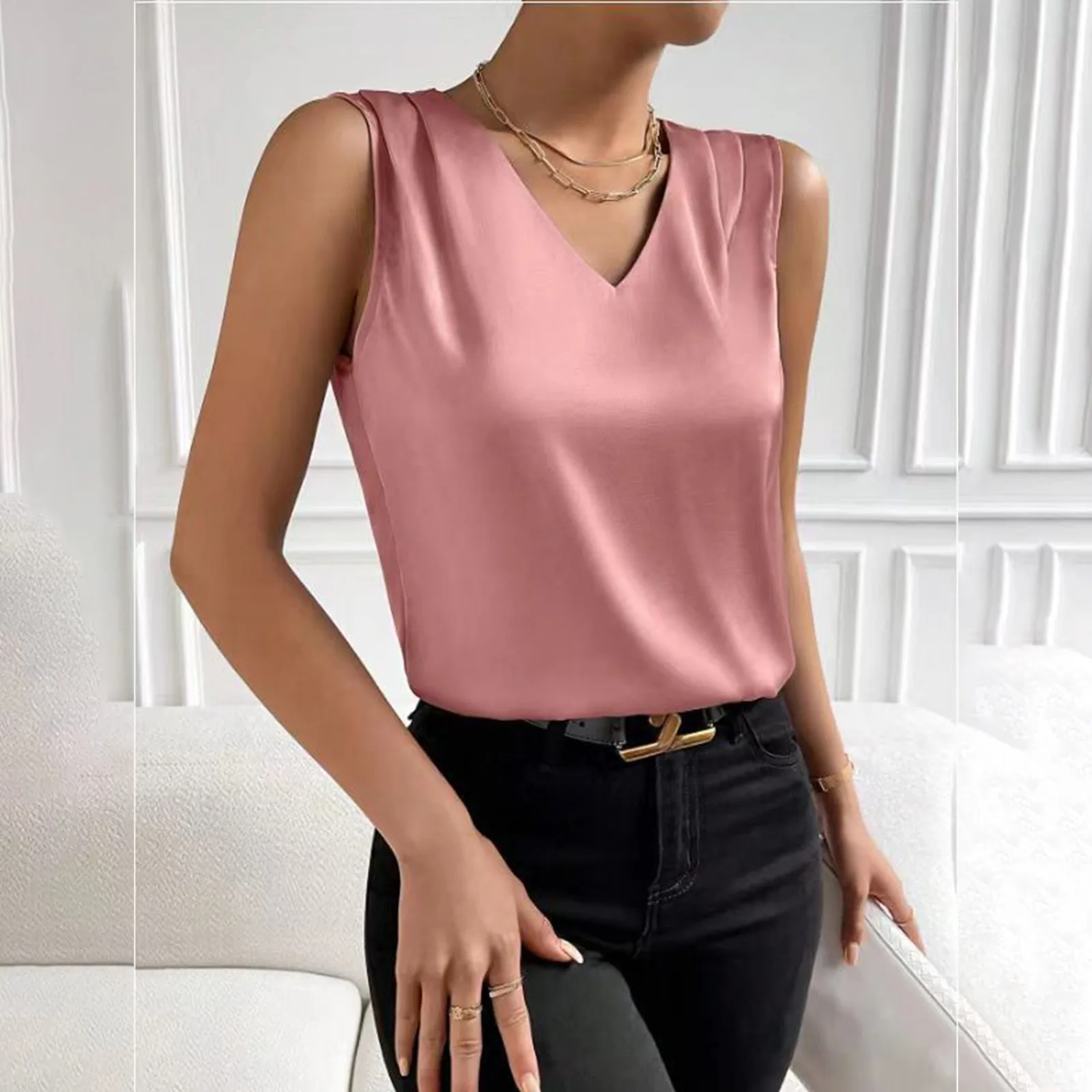 

Women's Summer Solid Color Ding Satin V Neck Sleeveless Bottom Tank Top Tops for Women