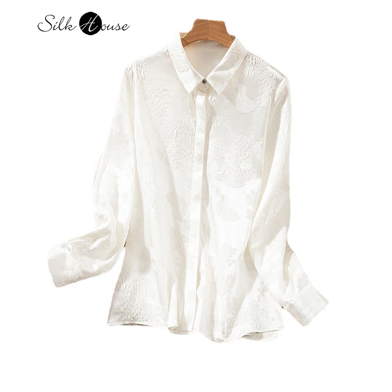 

2024 Women's Fashion Spring/Summer New 93%Natural Silk Square Neck Long Sleeved Crowne Crepe Embossed Jacquard Splendid Shirt