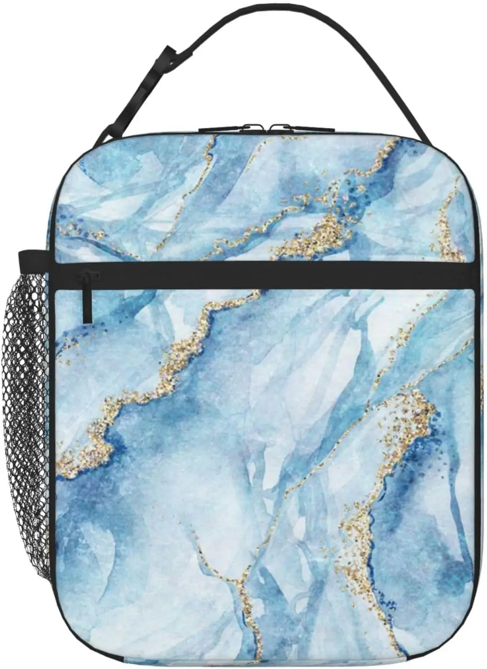 

White Blue Marble Insulated Portable Lunch Box Reusable Cooler Tote Bag with Side Pocket For Women Men Work Travel Picnic