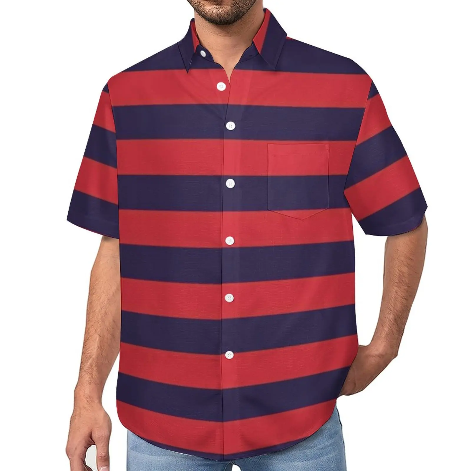 

Horizontal Striped Blouses Man Navy Blue Stripes Print Casual Shirts Hawaii Short Sleeve Fashion Oversized Beach Shirt Gift