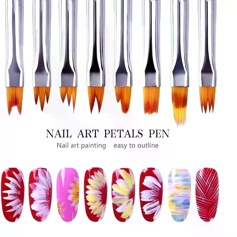 8Pcs Multifunctional Nail Art Brush Set - Oblique Gradient Smudge Sawtooth Pen Flower Petal Drawing Gel Nail Painting Tools