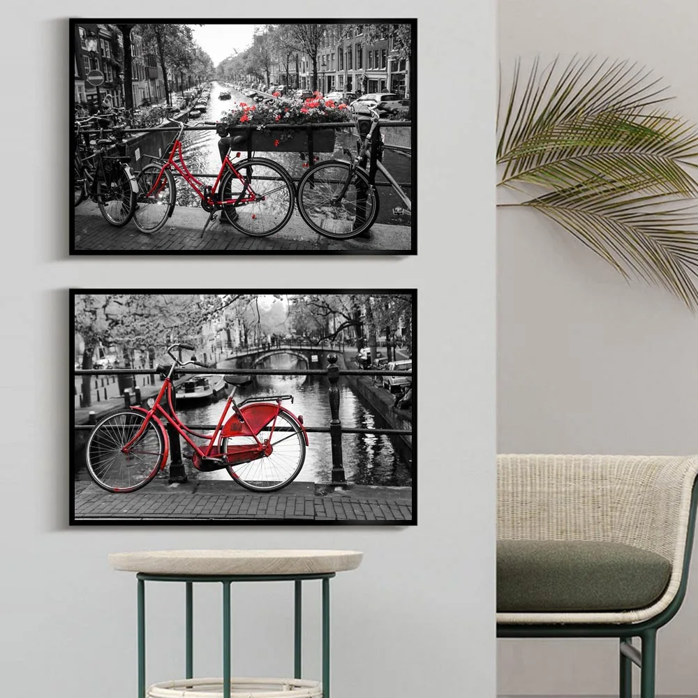 

8style Nordic street scenery retro art Canvas painting red bicycle poster office wall painting living room home decoration