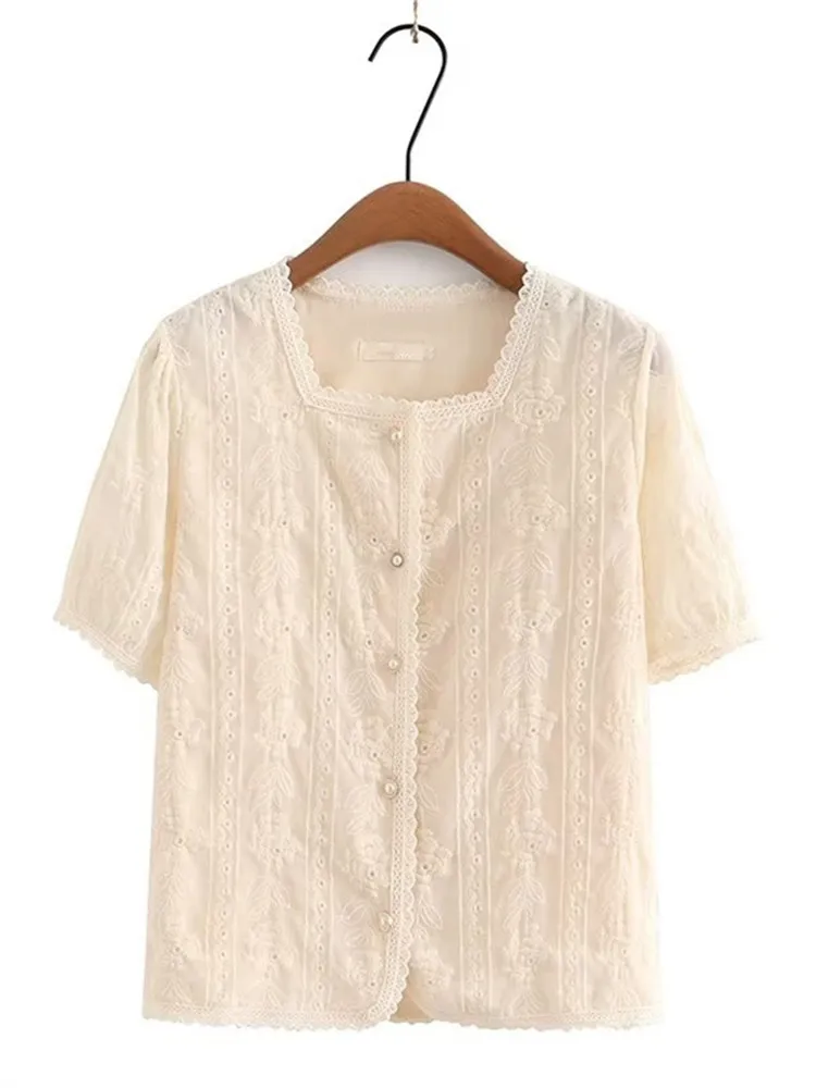 

Plus Size Women's Clothing Summer T-Shirt With Crochet Hollow Lace Shirt Short Sleeves With Square Neckline ＆ Buttons On Placket