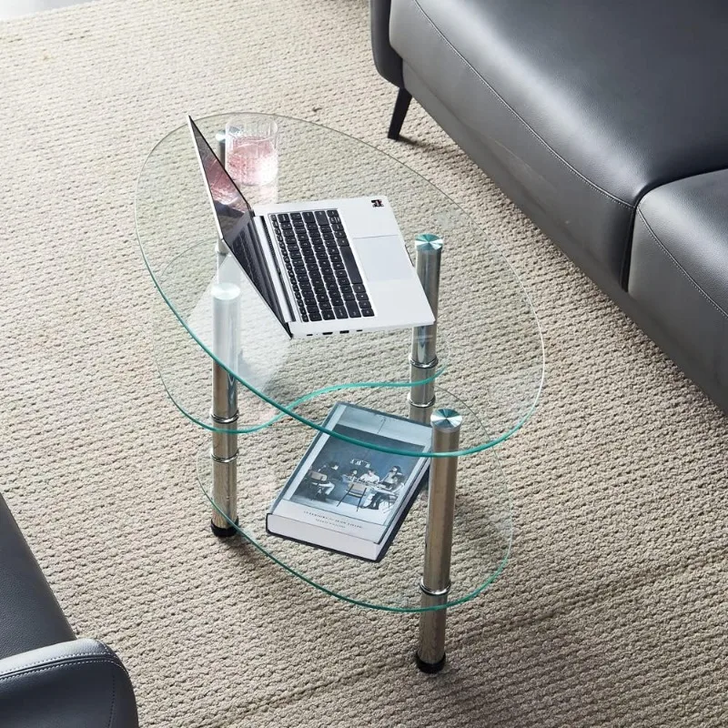 Oval-Shaped Glass Tea Table for Office, 3-Tier Modern Coffee Table, End Table for Living Room (Black) 6