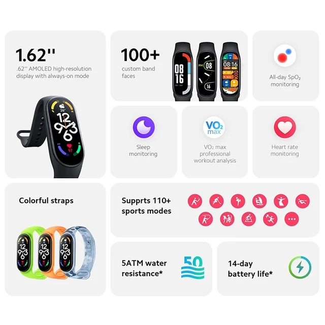 Xiaomi Mi Band 7 Smart Bracelet, Bluetooth 5.2,VO2 Max,Sport Analysis  1.62AMOLED,120 Workout Modes,5 atm Waterproof Smart Band