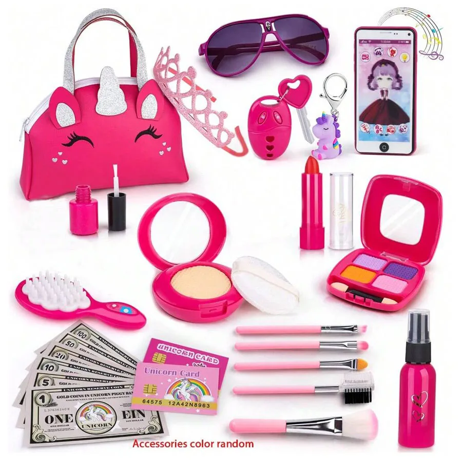Girl Pretend Makeup for Kids,Fake Make Up Toys for Little Girls with Princess Purse, Toddler Makeup Kit,Girls Birthday Gifts(Acc