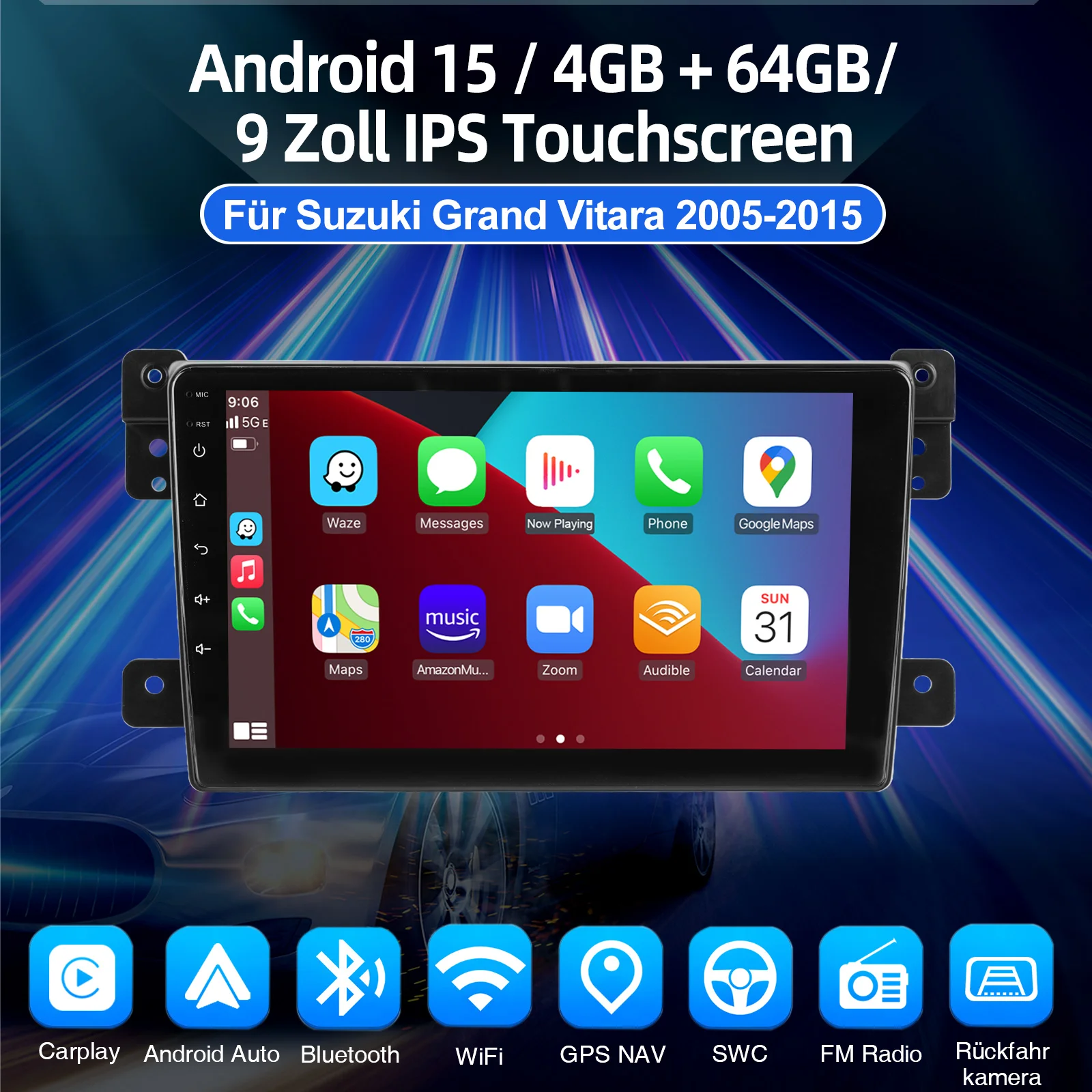 ESSGOO 4+64G 9" Android 15 Carplay Autoradio GPS-Navigation für Suzuki Grand Vitara 2005-15 FM WLAN RDS BT SWC IPS Touchscreen – Detail 2