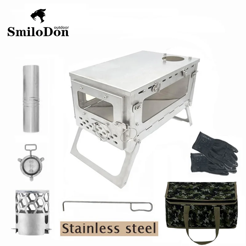 

SmiloDon Folding Stainless Steel Firewood Stove Portable Camping Tent Stove with Chimney Wood Burner Furnace Tourism Brazier