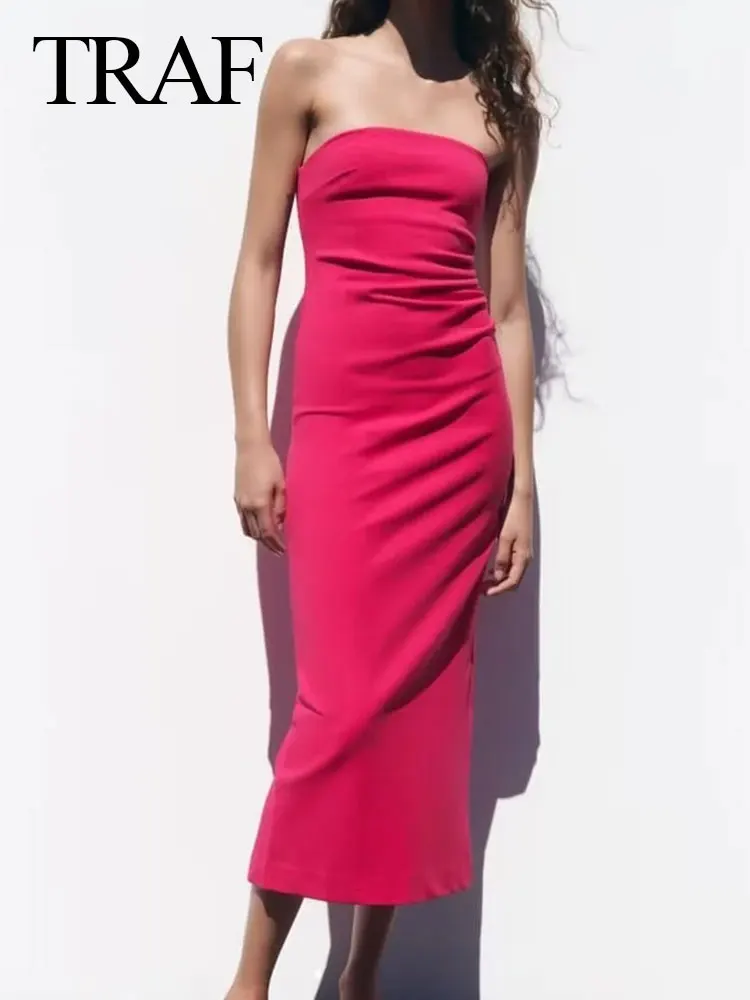 Traf 2023 Women Ruched Off Shoulder Back Zipper Midi Dresses Sexy