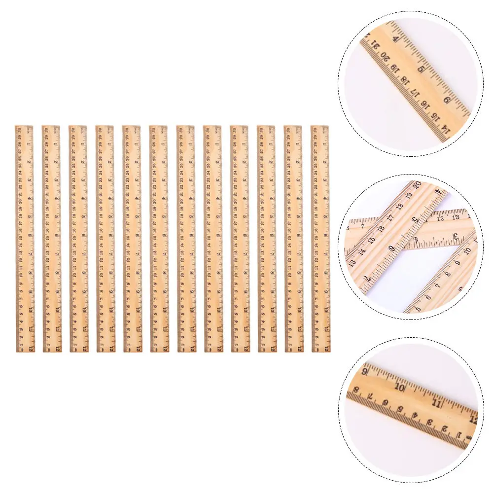 12Pcs 나무 자, 다기능 직선 자, 교실, 학교, 사무실, 학생용, 휴대용, 가정용, 학생용품