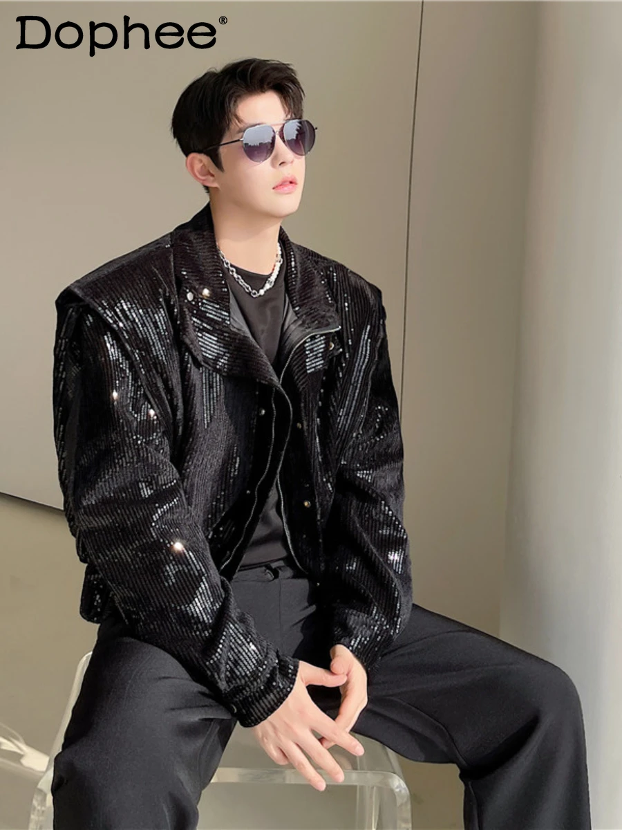2024 Spring New Fashion Sequined Jacket Men's Personality Double Layer Padded Shoulder Loose Comfort High-End Trendy Male Tops