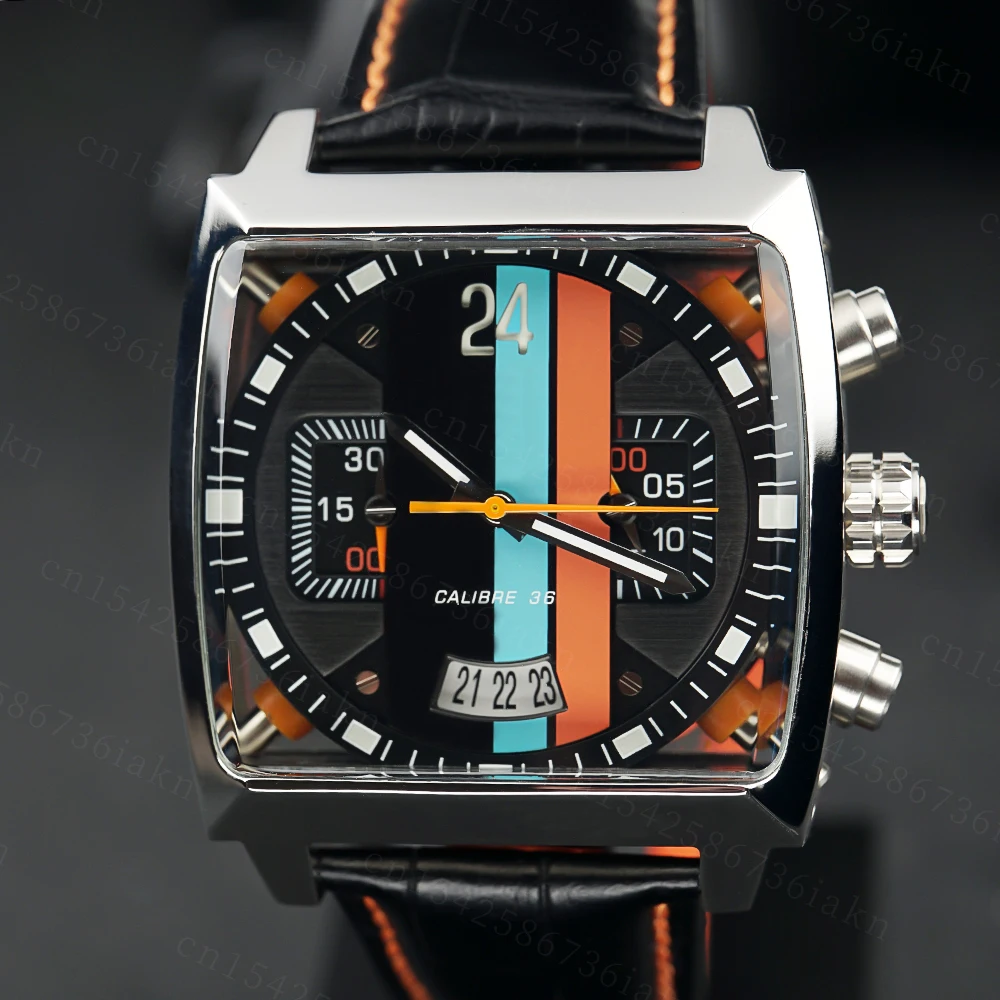 2022Fashion New Men's Color Bar Square Dial Sapphire Mirror Stainless Steel Leather Strap Sports Leisure Waterproof Quartz Watch