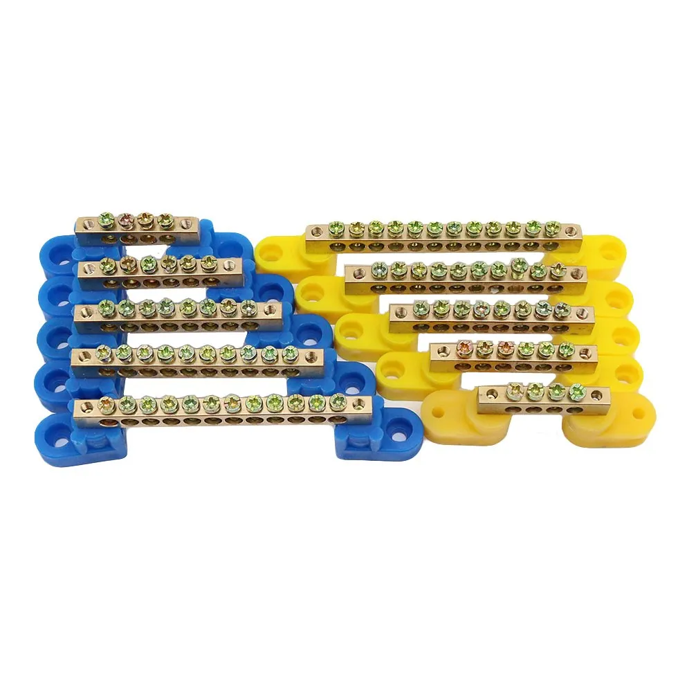 Blue yellow Bridge Design Zero Line 4-12 Pole Screw Brass Copper Grounding Strip Terminal Block Connector Earth And Neutral wire connectors din rail terminal block ground bar connector
