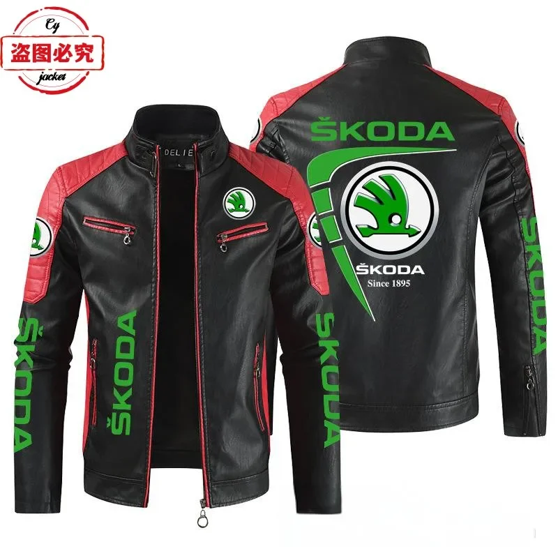 Skoda car LOGO retro washed pu leather jacket four seasons WRS rally skoda team men's jacket 4