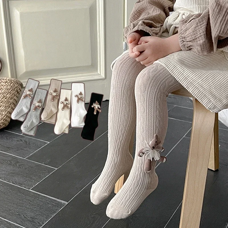 Spring Autumn Baby Girls School Student Uniform Pantyhose Pants Leggings Tights Bear Kids Children Stretch Knitting Trousers kids pantyhose