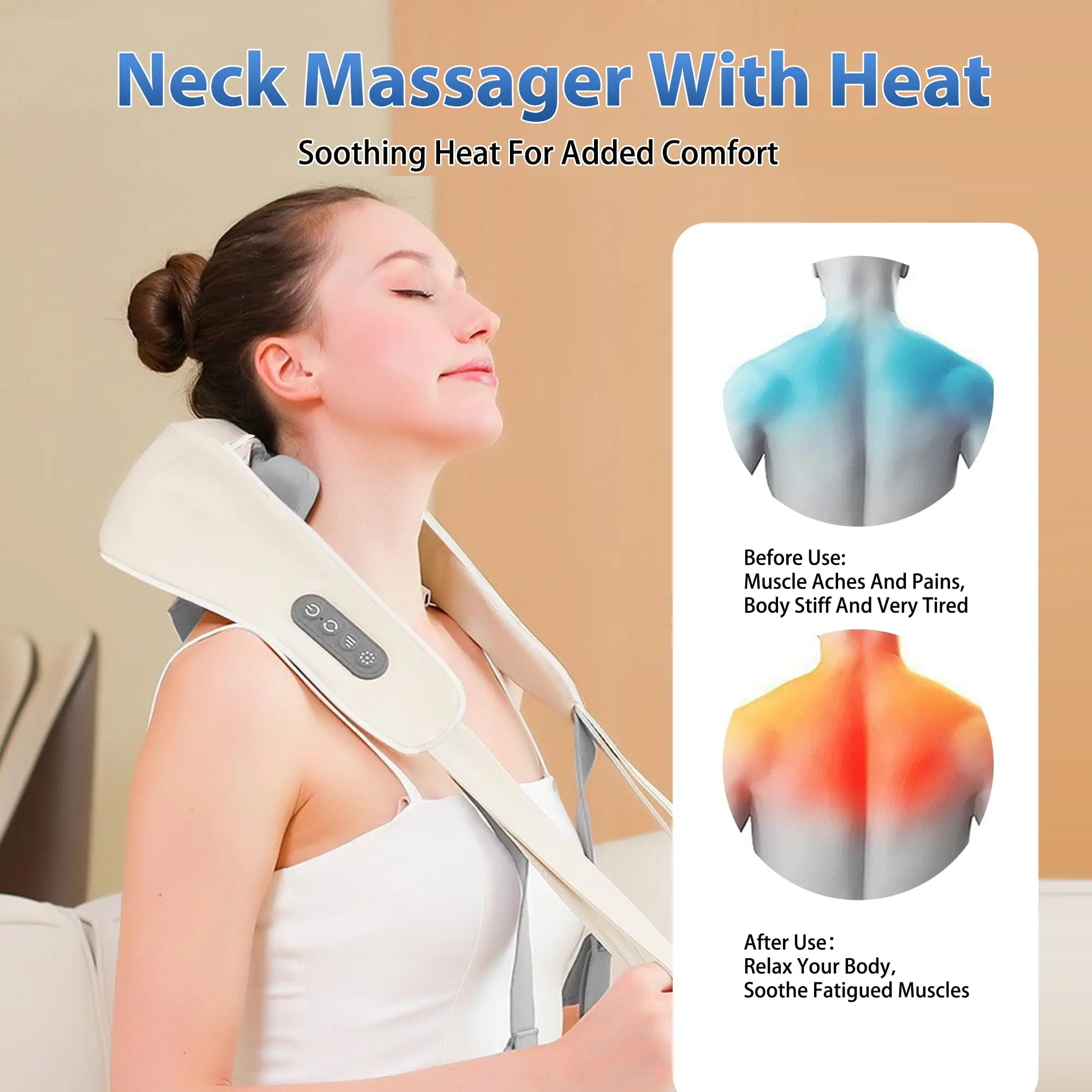 Massaggiatore Shiatsu per il collo, per un massaggio profondo dei tessuti, senza fili, per collo e spalle, con funzione riscaldante e massaggio elettrico impastante 4D._voghion.com