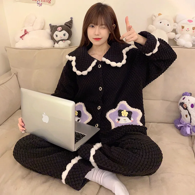 

Kawaii Kuromi Coral Velvet Pajamas Sanrios Hello Kittys Kawaii Pochacco Anime Cartoon Winter Plus Velvet Girl Loungewear Set New