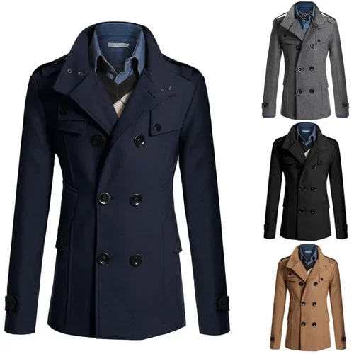 Mens Double Breasted Cotton Coat 2024 New Wool Blend Solid Color Casual Business Fashion Slim Trench Coat Jacket Mens Clothing