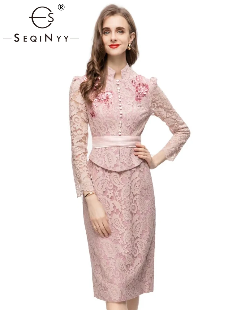 

SEQINYY Pink Slim Dress Summer Spring New Fashion Design Women Runway High Street Sequined Flowers Appliques Lace Elegant