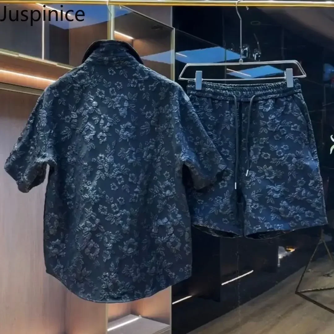 Summer Printed Short-sleeved Shirt Shorts Suit Men's Handsome Loose Casual High Street Personalized Tops Pants Male Clothes 3