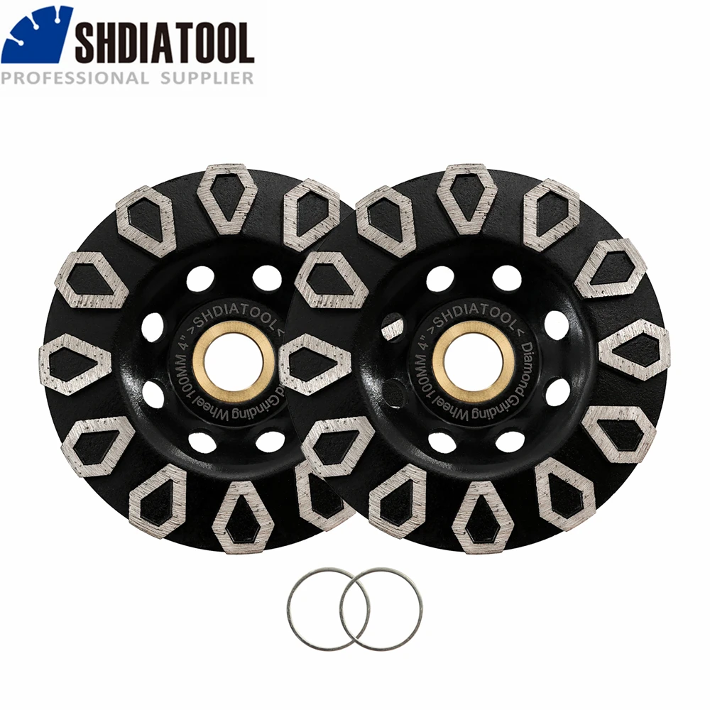 SHDIATOOL 2pcs Diamond Rhombus Shaped Abrasive Grinding Disc Cup Sanding Wheel Turbo Durable 4" Concrete Masonry Granite Stone
