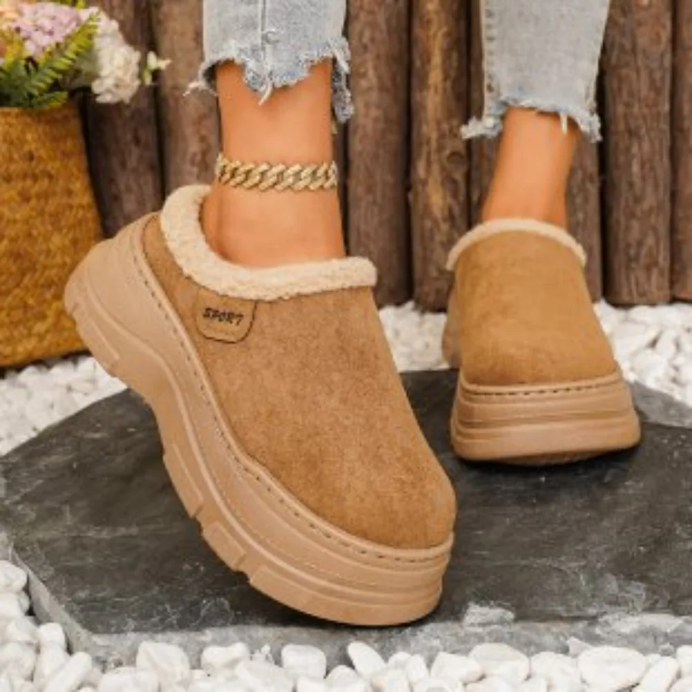 Faux Suede Wedges Cotton Slippers Women Outdoor Plus Size 45 Chunky Platform Snow Boots Woman 2025 Non Slip Warm Fluffy Slippers