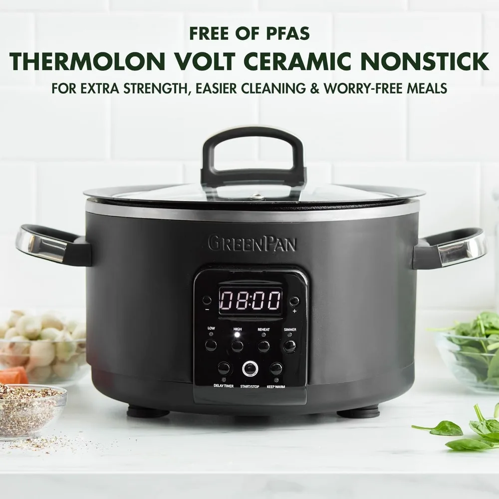 6-in-1 4QT Electric Ceramic Slow Cooker with Glass Lid, Multifunction Presets, Hard Anodized
