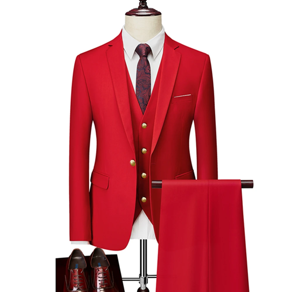 Men's Leisure Boutique Solid Color Slim Fit Suit Pants 3 Pcs Set Male Casual Dress Blazers Jacket Trousers Vest