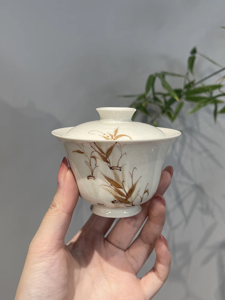 

Grass Wood,Gray, Hand-painted Bamboo Shadow, Plain Color, Two Covered Bowls, Tea Bowls, Tea Sets, Ceramics, Single Household Use