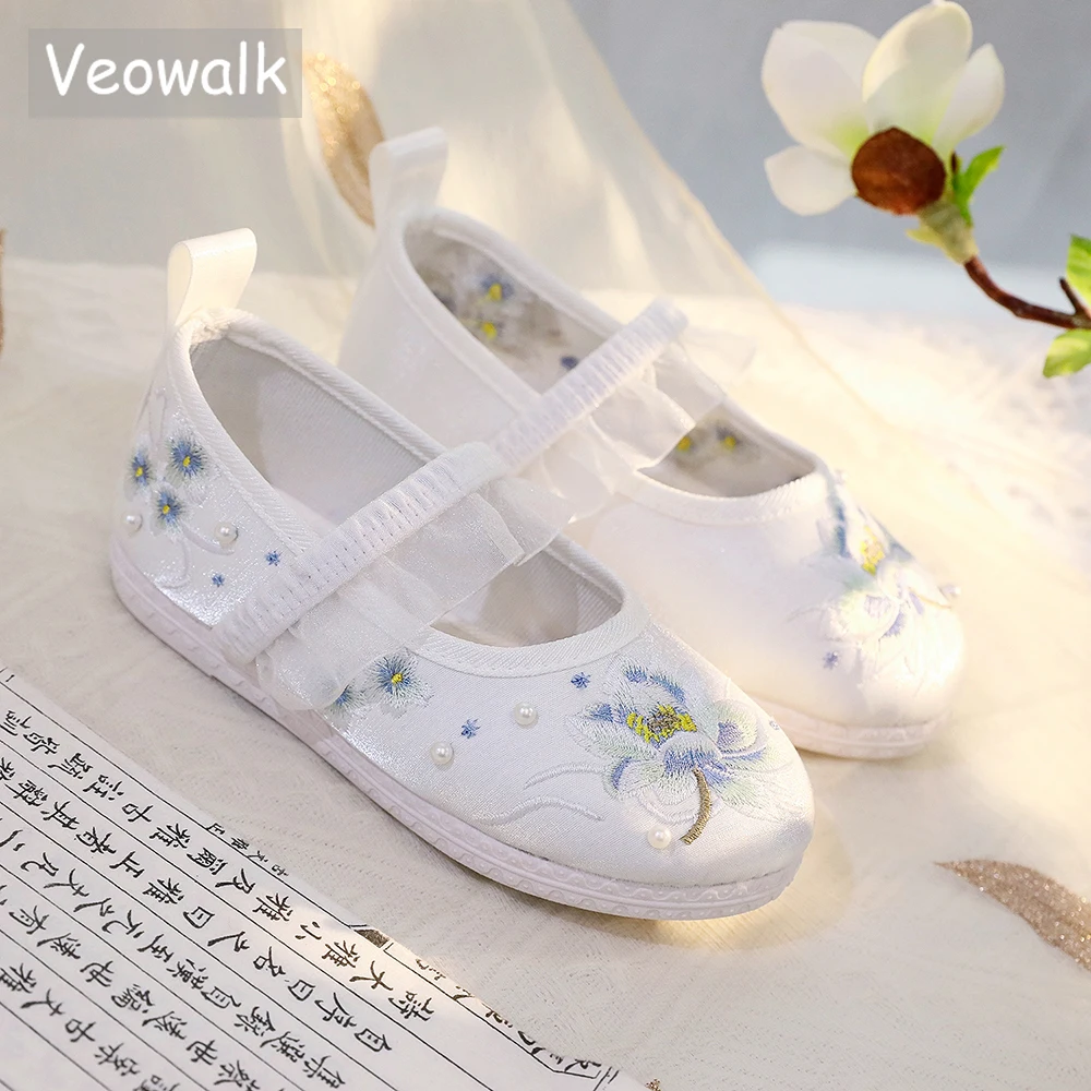 

Veowalk Children Girls White Mesh Elastic Strap Comfortable No-slippery Flat Shoes Kids Princess Embroidered Costume Ballets