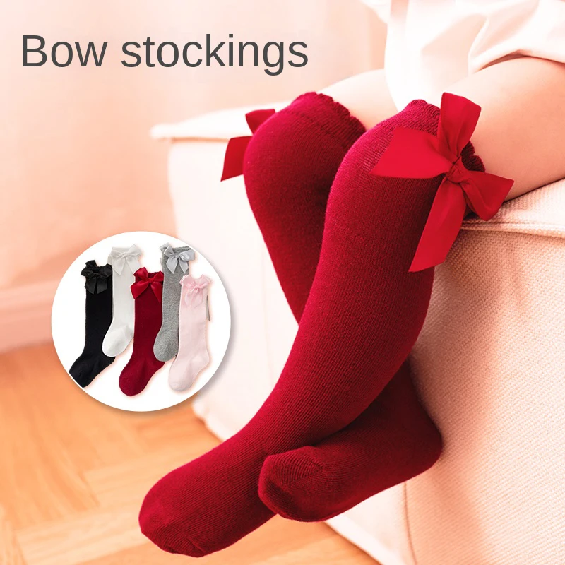 Baby Socks Newborn Girls Striped High Princess Bow Socks Kids Boy Children Stockings Cotton Non-slip Socks Infant Stuff Clothes 1