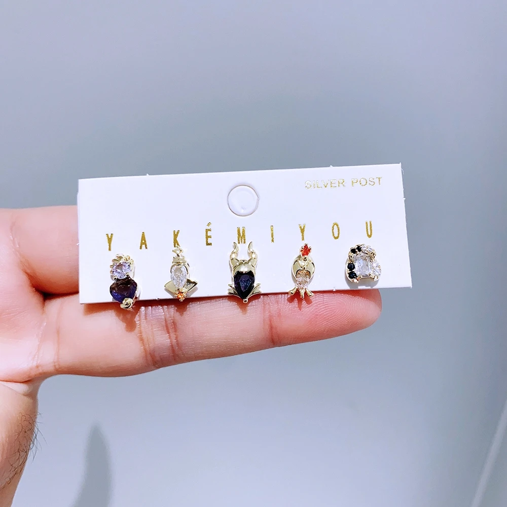 5pcs/set Mixed Design Villains Stud Earrings for Women Girls Gold Color Cubic Zirconia Gift Jewelry 6