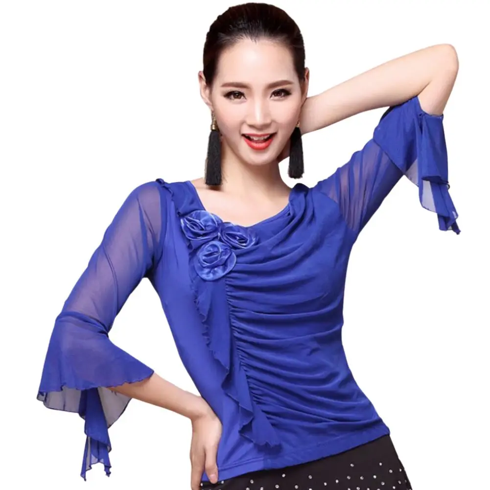 Latin Shirt Ballroom Top Solid Mesh Loose Sleeves Dance Practice Wear Flamenco T-Shirt Competition Costume Performance Clothes