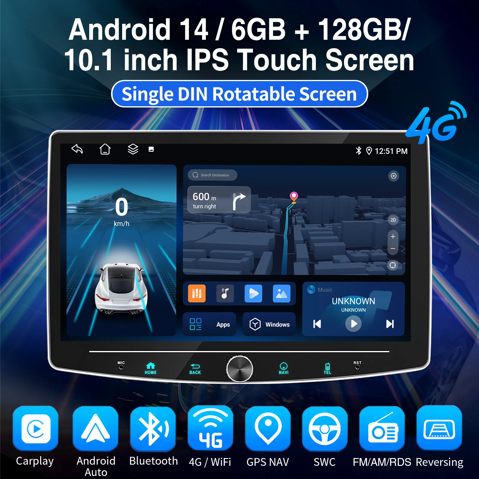 ESSGOO Android 14 1 DIN 4G 6+128G Autoradio Carplay Android Auto Drehbarer 101" Bildschirm GPS NAVI RDS mit Mikrofon Drehknopf Farbige Tasten FM AM RDS Bluetooth SWC Mirror Link Multimedia Videoplayer – Detail 1