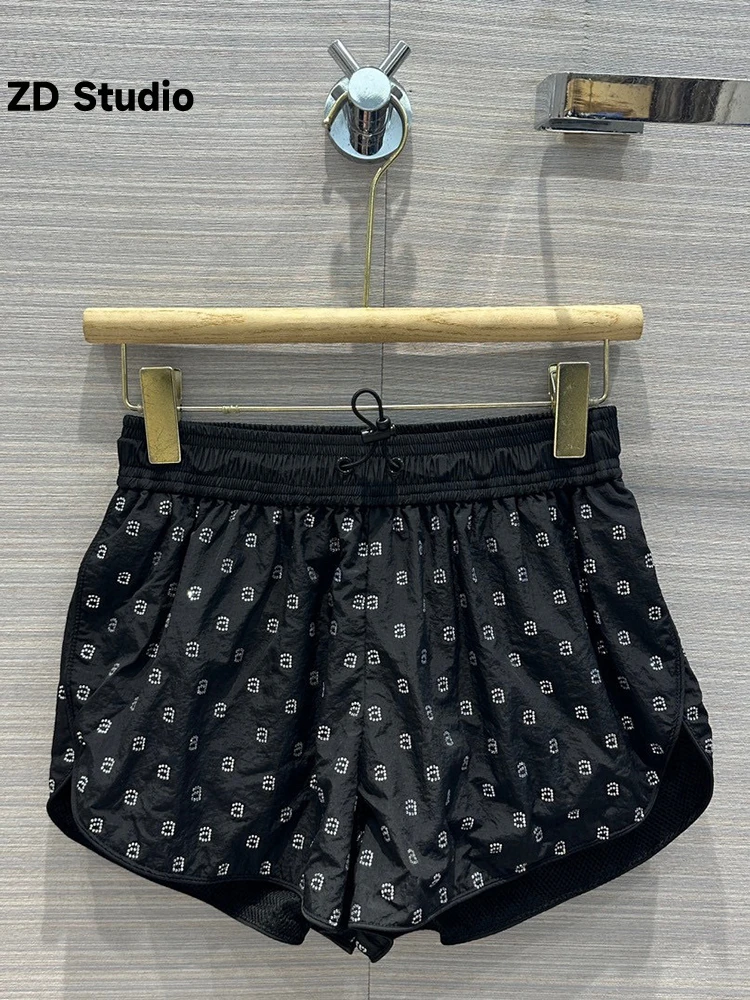 

[ZD Studio] Casual Wide Leg Pants Summer New Product White Hot Rolled Diamond Letter Elastic Waist Sports Shorts