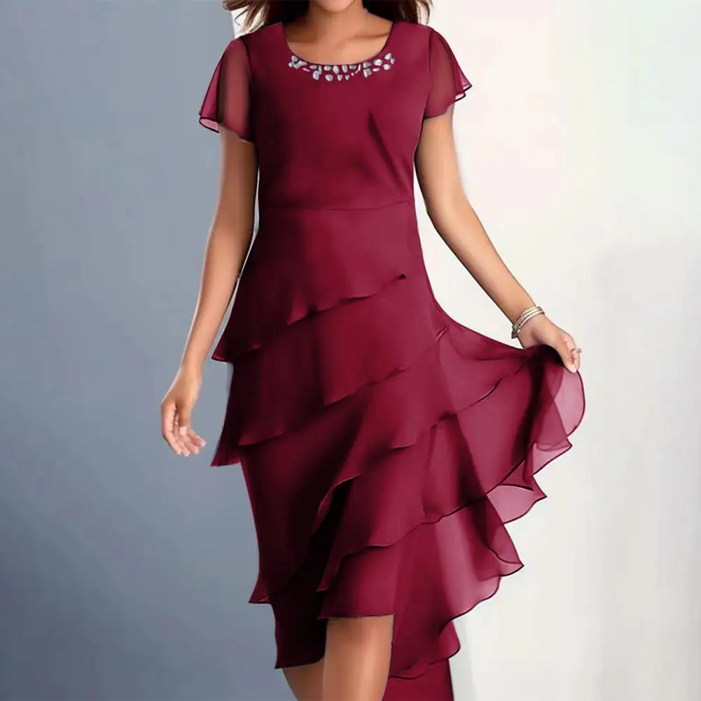 

Layered Chiffon Dress Elegant Beaded Decor O-neck Midi Dress Layered Cake Hem Flowy Party Wedding Guest Dress Short Sleeve