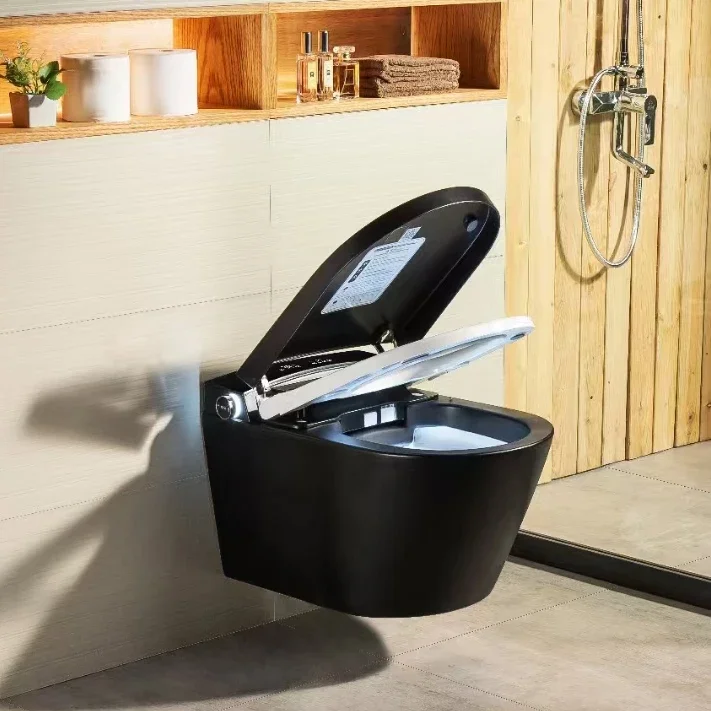 YYHC-Modern luxury hanging wall mounted european bathroom ceramic intelligent automatic wc black wall hung smart toilet 3
