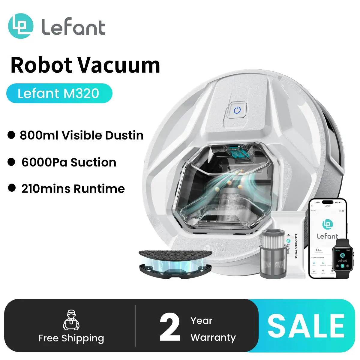 Lefant M320 6000 Pa leistungsstarker Roboter-Staubsauger mit Mopp, 210 Minuten Laufzeit, 800 ml sichtbarer Mülleimer, Teppicherkennung