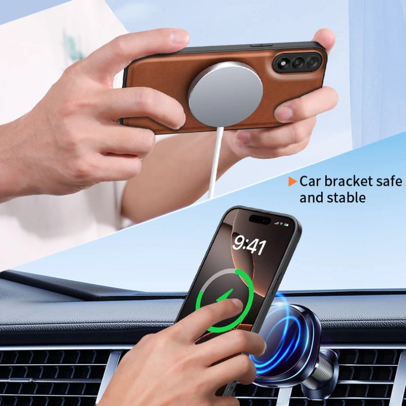 Magnetic Wireless Charging PU Leather Protective Case and Hard Back Cover