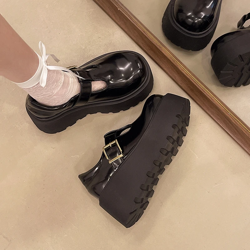 Aphixta Luxury Leather Women Platform Shoes 7.5cm Chunky Heel Buckle Modern Boots Shoe Wine Red Woman Boats botines para mujeres