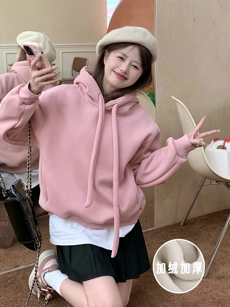 

Однотонные толстовки в Корейском стиле, женские осенне-зимние свободные плюшевые толстовки с капюшоном и кулиской, модные Универсальные теплые пальто