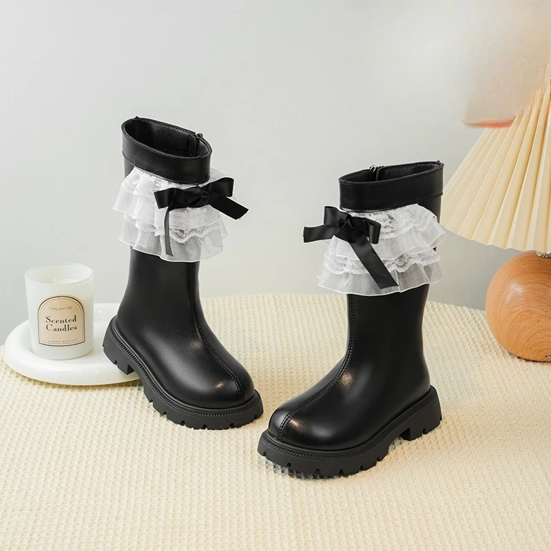 Girls Fleece Ankle Boots with Lace Bow for Winter School Party