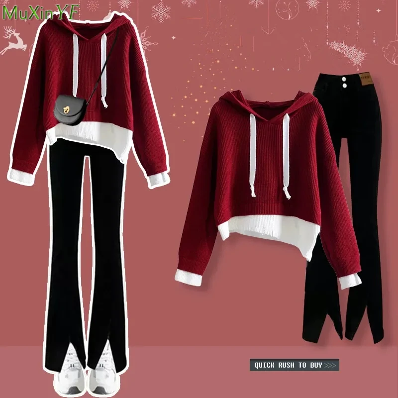 Autumn Winter Lucky Red Sweater Flare Pants 1 or Two Piece Set Korean 2023 New Lady Loose Knit Pullovers Black Trousers Outfits adagirl black jeans women y2k ripped fashion hollow out bow high waist wide leg denim trousers streetwear causal mujer pantalon